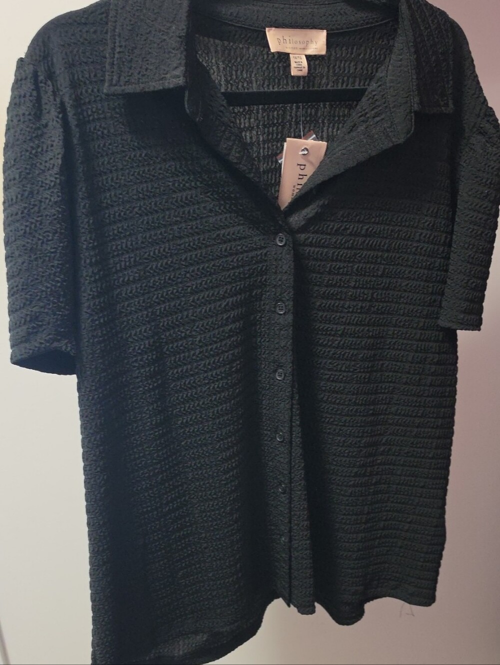 Philosophy Black Short-Sleeve Button-Down Textured Shirt